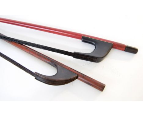 Dragonetti early pattern double bass bow, with very large frog, ebony button, no ferrule or slide, 145gm; also another early 