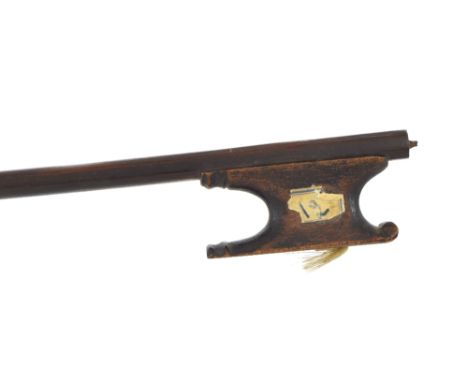 Interesting early bow, with baroque style fluted swan neck head and unusual boxwood frog inlaid with geometric mother of pear