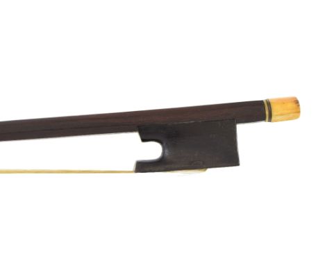 English viola bow circa 1800, the stick round, with ebony frog and octagonal ivory adjuster, 68gm