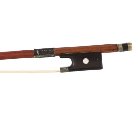 French silver mounted violin bow from the JJ martin workshops and stamped J. Martin, the stick round, the ebony frog inlaid w