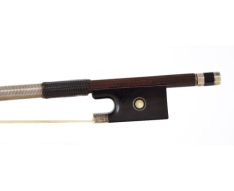 Silver mounted violin bow stamped P. Beauscher, the stick round, the ebony frog inlaid with silver rings enclosing pearl eyes