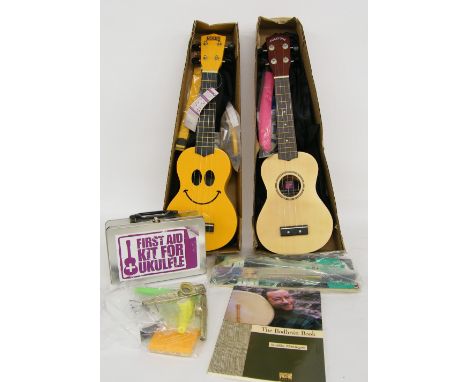 Mahalo Smiley ukulele starter set, a Puretone ukulele starter set with ukulele first aid kit; together with an Irish whistle 