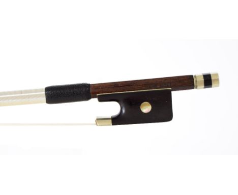 French nickel mounted violin bow by and stamped Louis Bazin, the stick round, the ebony frog inlaid with pearl eyes and the e