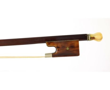 Nickel and faux tortoiseshell mounted violin bow, the stick round, the faux tortoiseshell frog inlaid with nickel eyes and wi