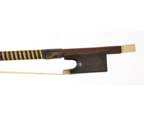 Interesting nickel mounted violin bow, indistinctly stamped, the stick round, the ebony frog plain and with a nickel overlaid