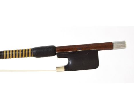 English silver and aluminium mounted violoncello bow by W.E. Hill & Sons, stamped Hill, the stick round, the ebony frog plain