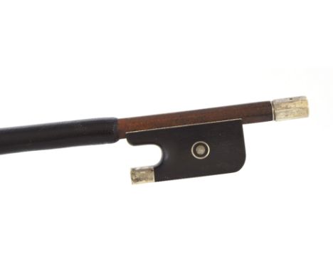 French silver mounted violoncello bow stamped and made for Laforge, the stick round, the ebony frog inlaid with silver rings 