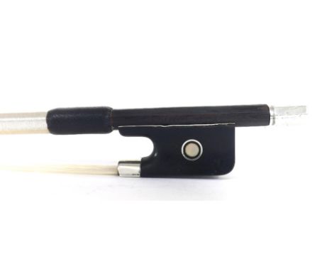 Silver mounted violin bow stamped O. Pomar Barcelona, the stick round, the ebony frog inlaid with silver rings enclosing pear