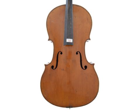 Early 20th century German Stradivari copy violoncello, 30 1/8", 76.50cm, with nickel mounted violin bow faintly stamped