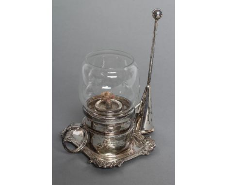 A LATE GEORGE III SILVER NIGHT OIL LIGHT, maker probably Thomas Blagden & Co., the slightly dished rounded oblong base with c