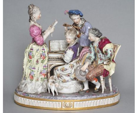 A SAMSON PORCELAIN FIGURE GROUP, 19th century, modelled as a young lady playing a harpsichord, a gentleman playing a flute, l