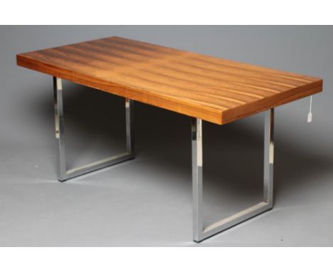 A ROSEWOOD VENEERED AND POLISHED STEEL(?) SIDE TABLE, mid 20th century, the oblong top raised on continuous square section op