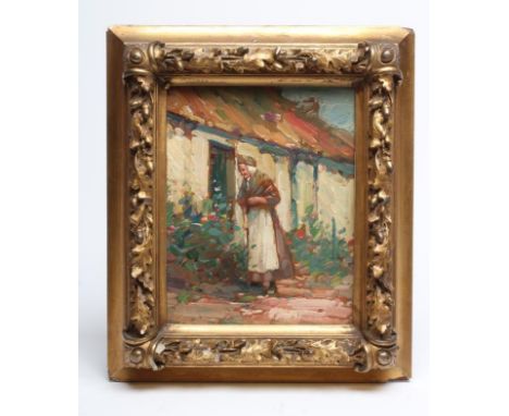 KERSHAW SCHOFIELD (1875-1941), Old Lady before a Cottage Door, oil on board, signed to reverse and dated 1900, 10" x 8", gilt