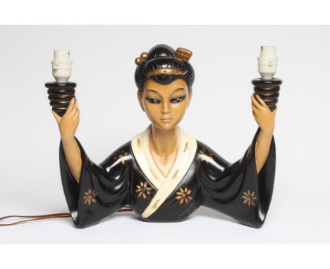 A RETRO DURON TRETCHIKOFF STYLE CHALK WARE LAMP BASE, modelled as a Japanese lady with her two hands uplifted, wearing a blac