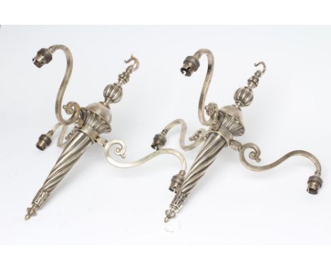 A PAIR OF EDWARDIAN SILVER PLATED LIGHT PENDANTS, the three scrolled branches issuing from a wrythen torch stem with foliate 