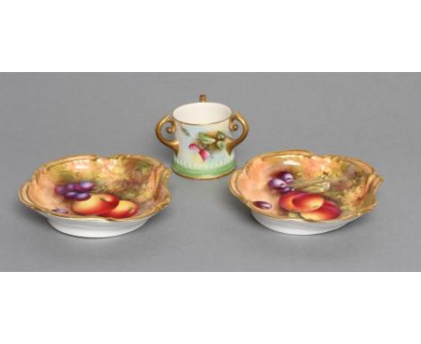 A PAIR OF ROYAL WORCESTER CHINA DISHES, 1933, of scrolling quatrefoil form, both painted in polychrome enamels by E. Townsend