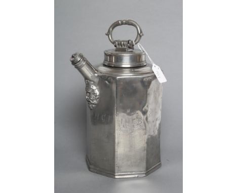 AN EXCEPTIONALLY LARGE PEWTER PRISM FLASK, German 18th century, the screw top lid with "Baroque" swing loop handle, the spout