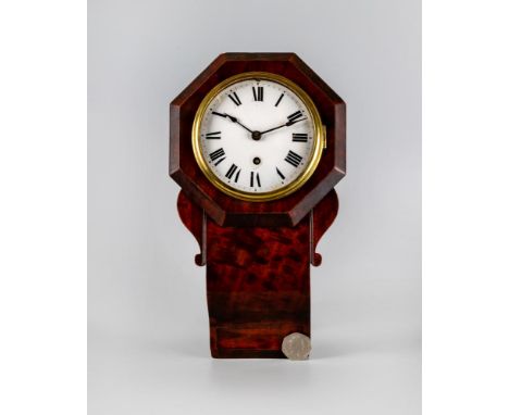 A MAHOGANY MINIATURE DROP DIAL WALL TIME PIECE, the single barrel movement with anchor escapement, 4" white enamel dial with 