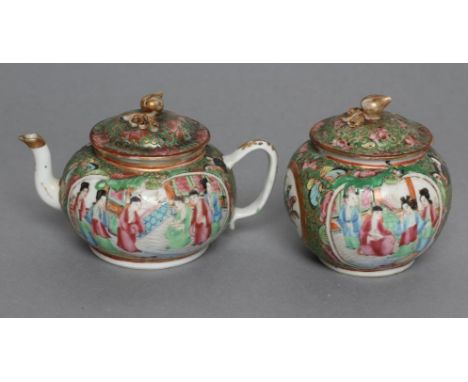 A CANTONESE PORCELAIN SMALL TEAPOT AND COVER of squat globular form, painted in famille rose enamels with a panel of figures 