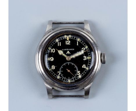 A LONGINES MILITARY ISSUE "DIRTY DOZEN" WRISTWATCH, the black dial with luminous dot markers and Mercedes hands, 3.5cm stainl