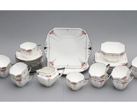 AN ART DECO SHELLEY CHINA TEA SERVICE in Queen Anne shape, printed in black and overpainted in burnt orange with large flower