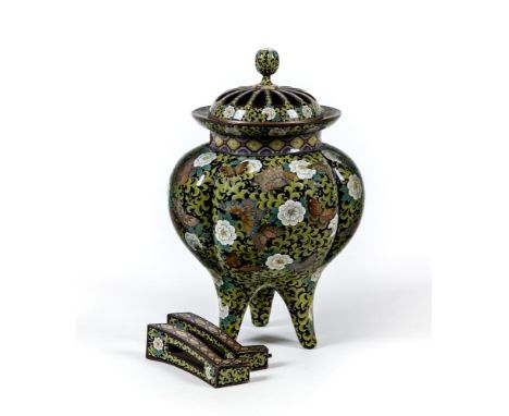 A JAPANESE CLOISONNE ENAMEL TRIPOD CENSOR AND COVER of two handled lobed ovoid form with arcade pierced cover, enamelled in s
