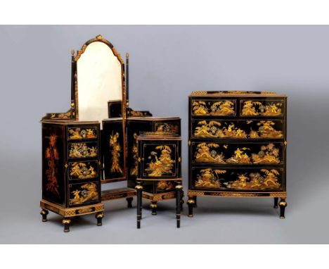 A BLACK LACQUERED CHINOISERIE PART BEDROOM SUITE, early 20th century, featuring garden scenes with figures, comprising triple