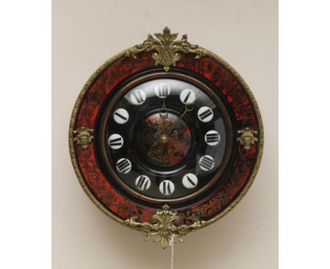 A FRENCH EBONISED BOULLE WALL CLOCK, 19th century, the eight day movement striking on a gong, 9 3/4" ebonised dial inset with