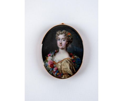 ENGLISH SCHOOL (Late 18th Century), Portrait of a Lady in a gold dress with floral garland, unsigned oval on ivory, gold(?) f