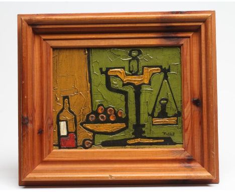COLIN RUFFELL (b.1939), Still Life with Balance Scales, oil on board, signed, 8" x 10", framed (subject to Artists Resale Rig