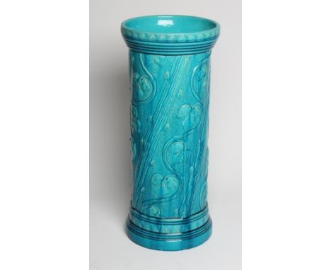 A BURMANTOFTS FAIENCE TURQUOISE GLAZED STICK STAND, early 20th century, of cylindrical form moulded with wrythen ivy branches