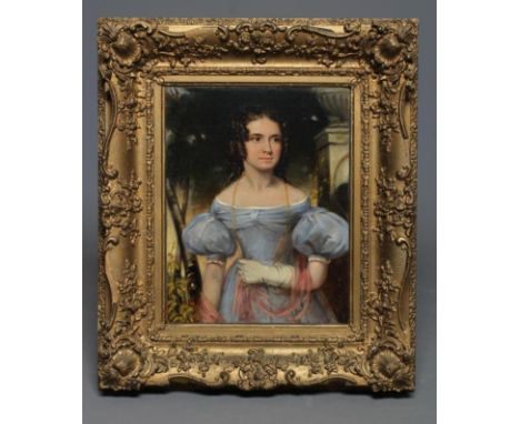 ENGLISH SCHOOL (Mid/Late 19th Century), Portrait of a Young Woman in a Blue Dress, oil on canvas, unsigned, 16" x 12 1/4", sw