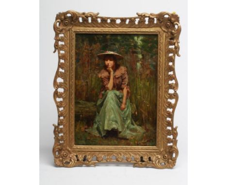 PETER MACGREGOR WILSON (1856-1928), Portrait of a Young Woman seated on a Log, oil on canvas, signed, 15" x 11", swept gilt g