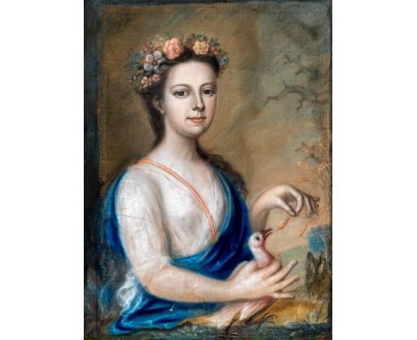 JOHN SAUNDERS (Active early/mid 18th Century), Portrait of an Allegorical Female Figure with Flowers in her Hair and Holding 