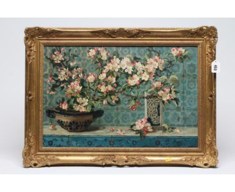 ANNA LUKIS EDMONDS GUERIN (19th/20th Century), "First Fruits of Spring", oil on canvas, signed, label to reverse, 16" x 24", 