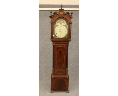 A MAHOGANY AND INLAID LONGCASE signed John Glover, St Helins (sic), the eight day movement with anchor escapement striking on