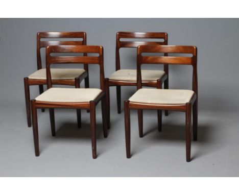 H. W. KLEIN for Bramin, Denmark, a set of four rosewood dining chairs, 1960's/70's, upholstered in a pale blue and champagne 