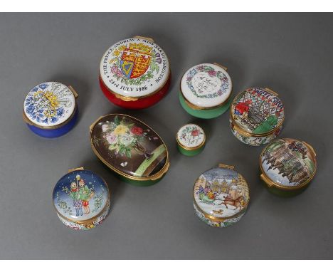 A COLLECTION OF EIGHT CRUMMLES ENAMEL BOXES including Christmas 1987/8/95 and Manor House Hotel, Castle Combe, seven with hin