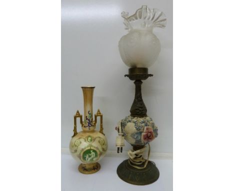 A cast metal and porcelain table lamp and a Crown Devon blush ivory vase, height of vase 27.5cm