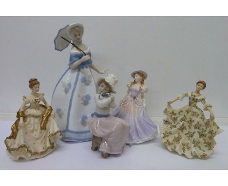 A Royal Worcester figure, Catherine, two Leonardo figures, one a/f, a Nao figure and a Casades figure