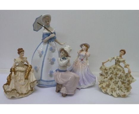 A Royal Worcester figure, Catherine, two Leonardo figures, one a/f, a Nao figure and a Casades figure