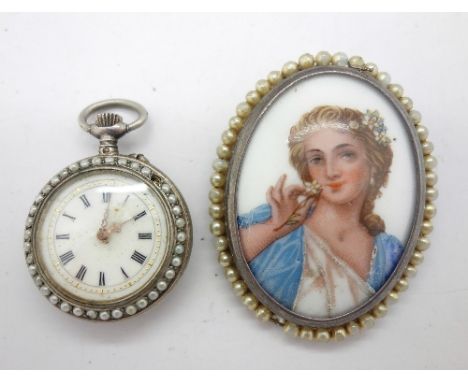 A silver and enamel decorated fob watch decorated with seed pearls, some missing and a silver Limoges portrait brooch