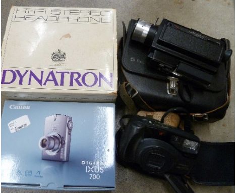 A Bell & Howell cine camera, a pair of Dynatron headphones and two cameras