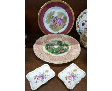 Three Royal Doulton plates, Scottie dog, Dickens-ware Dick Swiveller, a transfer plate with lakeside scene, a Limoges plate a