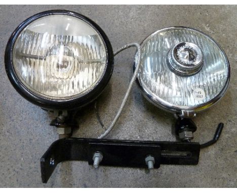 A Butlers patented saucer vehicle lamp, mk II boxed and one other Butler lamp, with brackets