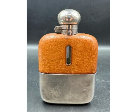A Vintage James Dixon & Sons Hip Flask, in glass leather and plated metal.