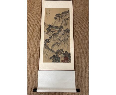 A Chinese wall hanging scroll on parchment traditional mountain scene (Full drop 177cm)