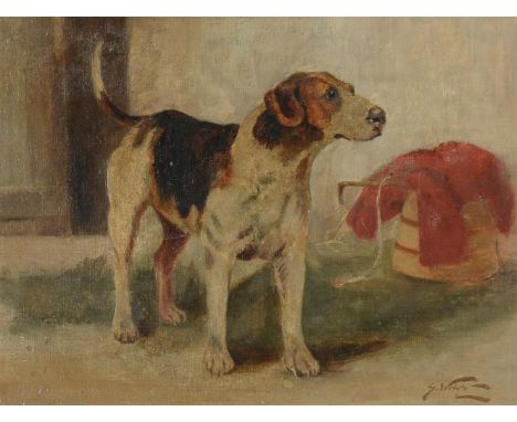 
	
		GEORGE WRIGHT (BRITISH 1860-1942)
		A HOUND BESIDE A HUNTING JACKET
		Oil on canvas laid down on board
		Signed (lower r