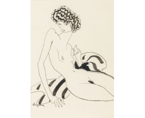 Schnackenberg, Walter. Ohne Titel. (Weiblicher Akt). Tuschezeichnung auf Velin. Signiert und datiert unten links. 1952. Blatt