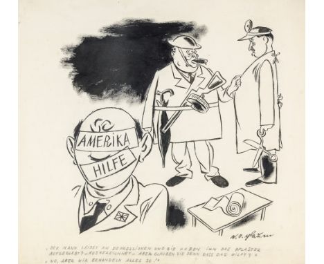 Ohser, Erich (Pseudonym: e. o. plauen). Amerika Hilfe. Federzeichnung auf festem Velin. Signiert unten rechts. Um 1942. Blatt